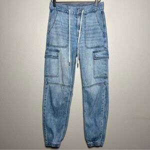 American Eagle Women Cargo Pants 0 Mid‎ Denim Wash Joggers Drawstrings Gorp